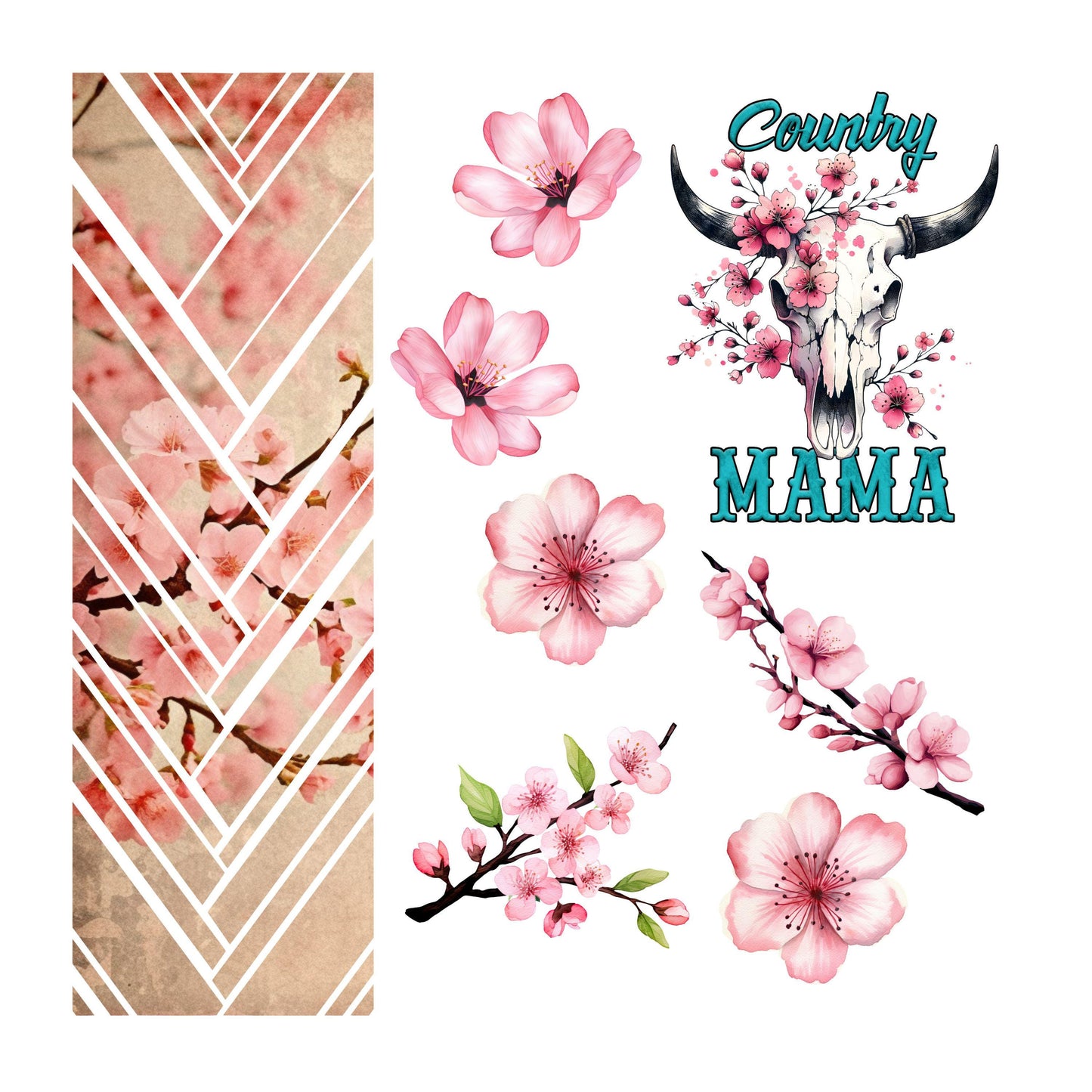 UV DTF Sticker print. Country Mama cherry Blossom western collage element bundle of decals, tumbler decal. #2035