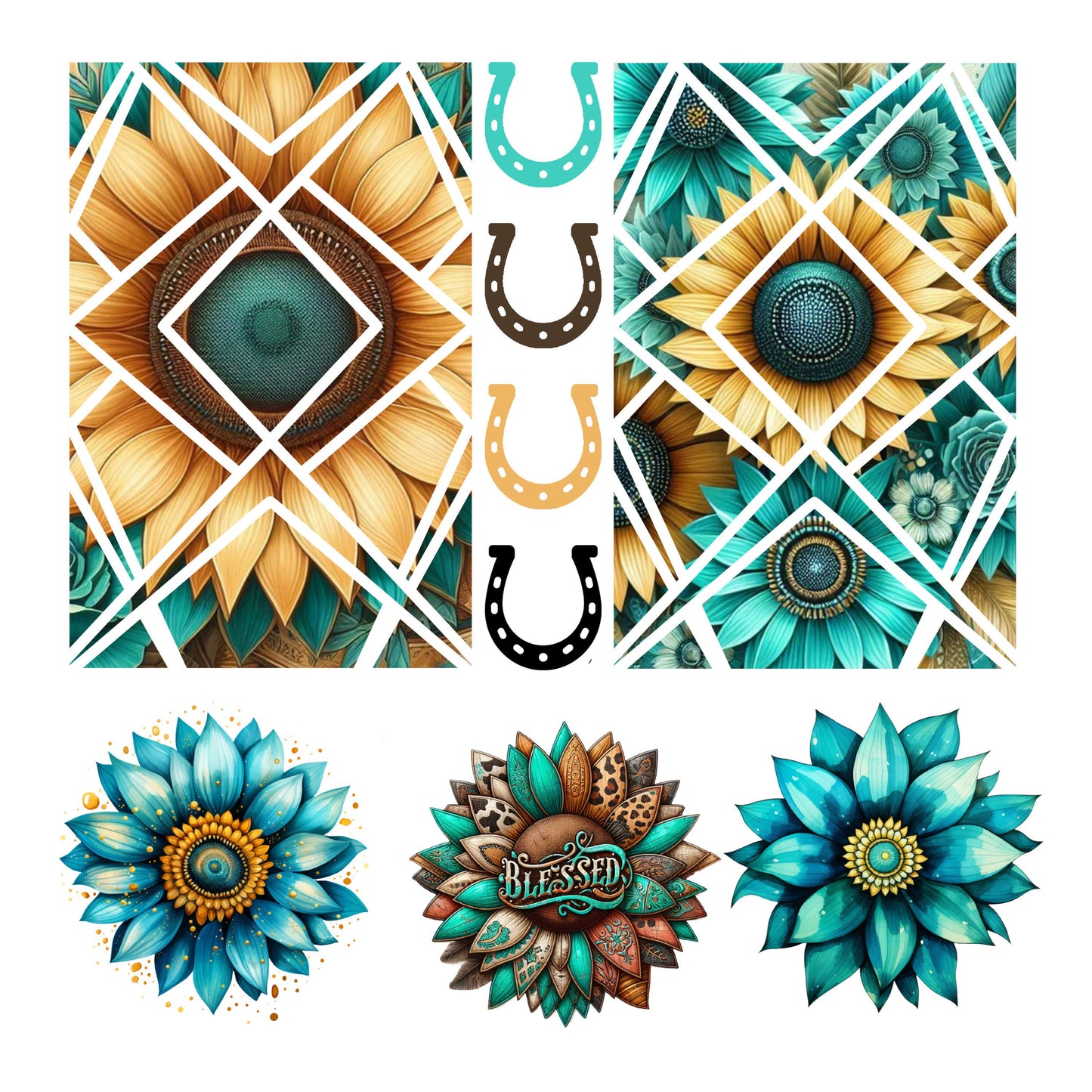 UV DTF Sticker print. Teal sunflowers templates and horsehoes western collage element bundle of decals, tumbler decal. #2037