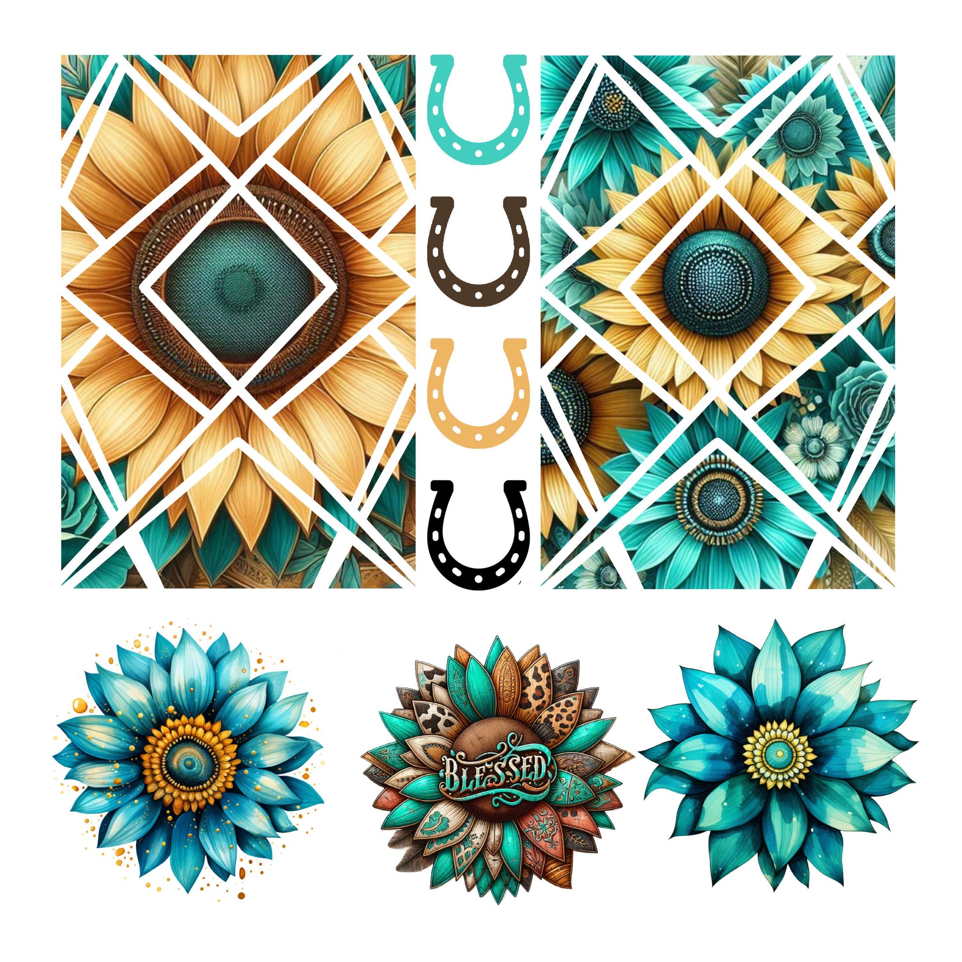 UV DTF Sticker print. Teal sunflowers templates and horsehoes western collage element bundle of decals, tumbler decal. #2037