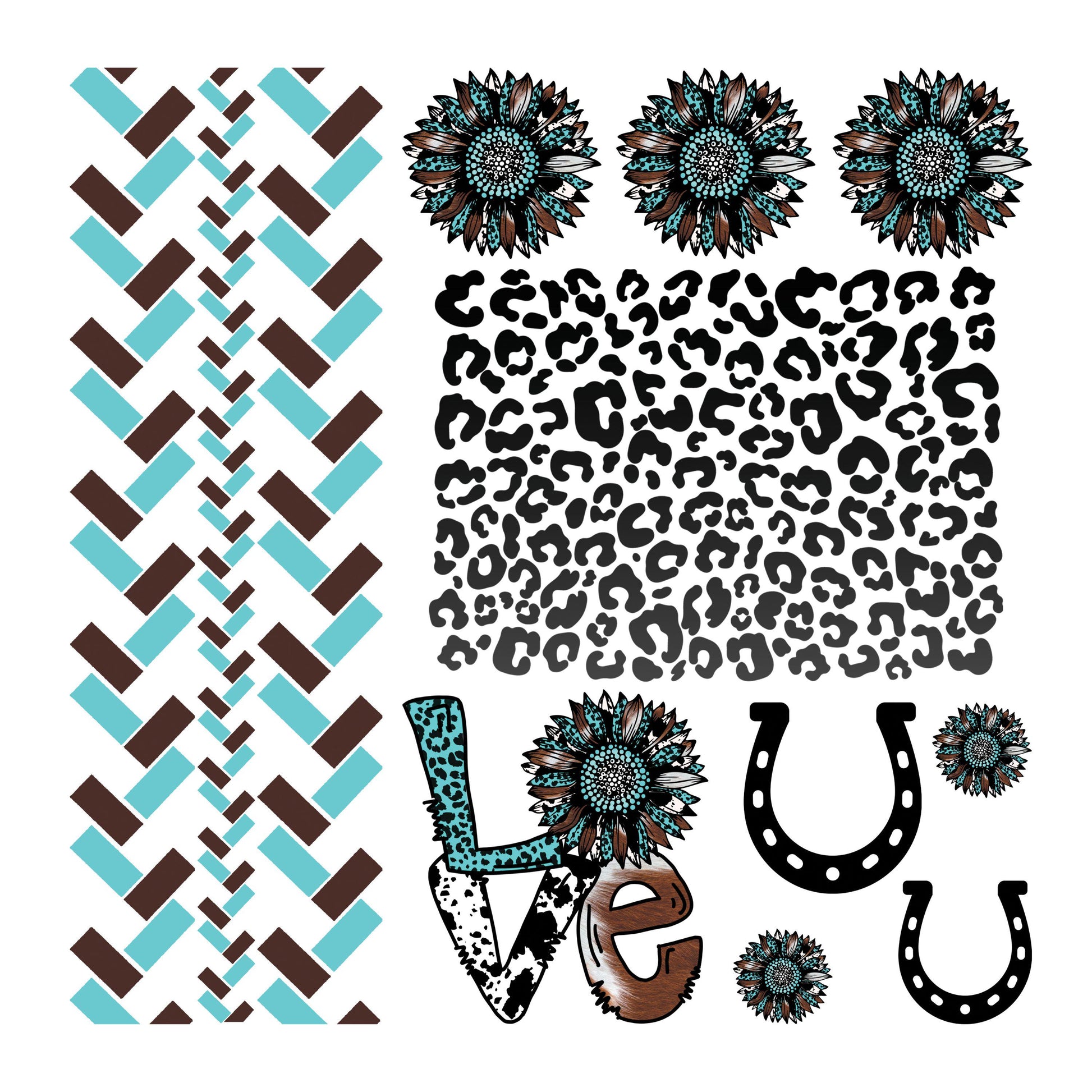 UV DTF Sticker print. Small braided herringbone teal western templates collage element bundle of decals, tumbler decal. #2038