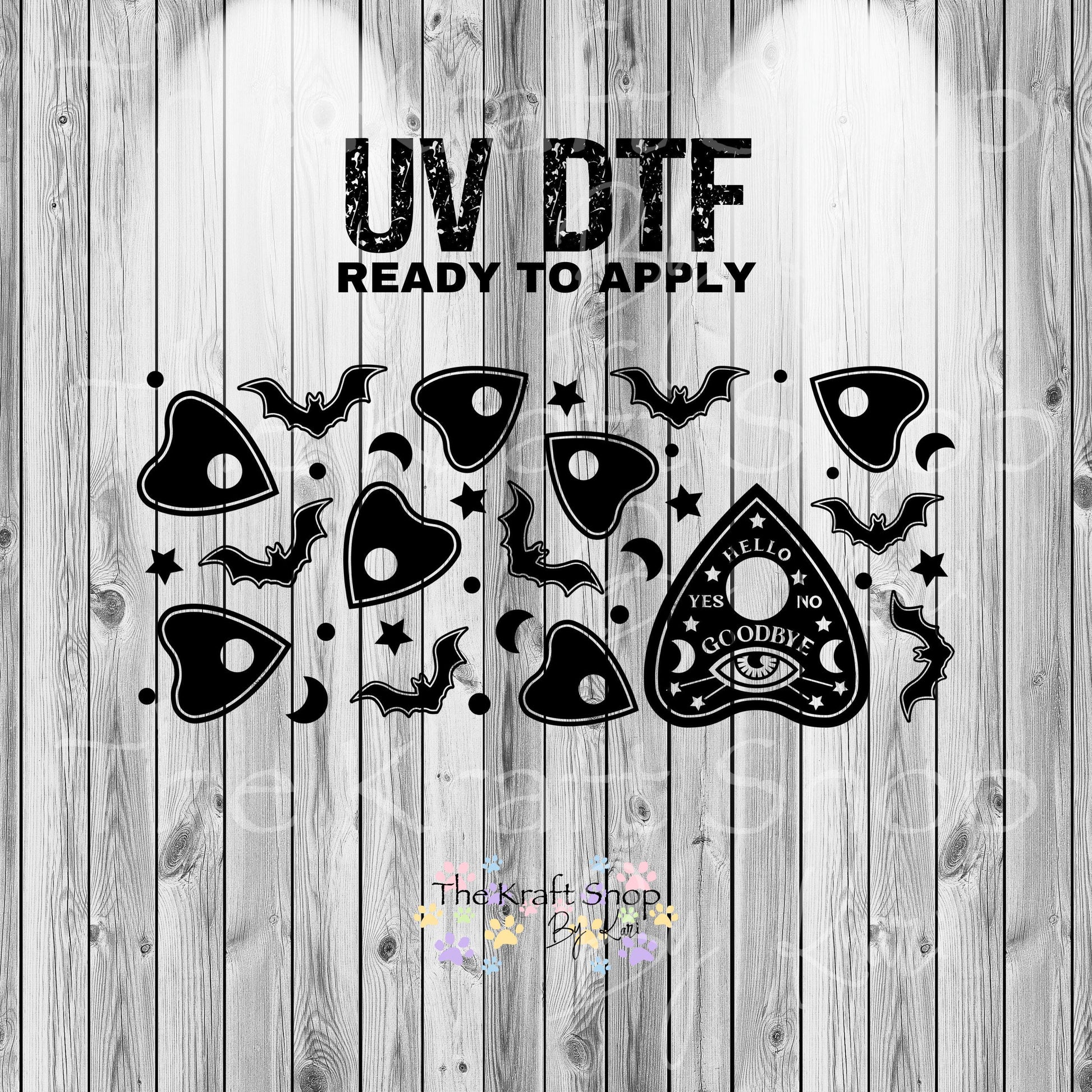 UV DTF Sticker print. Hello goodbye wrap with bats and planchette tumbler decal. #5416