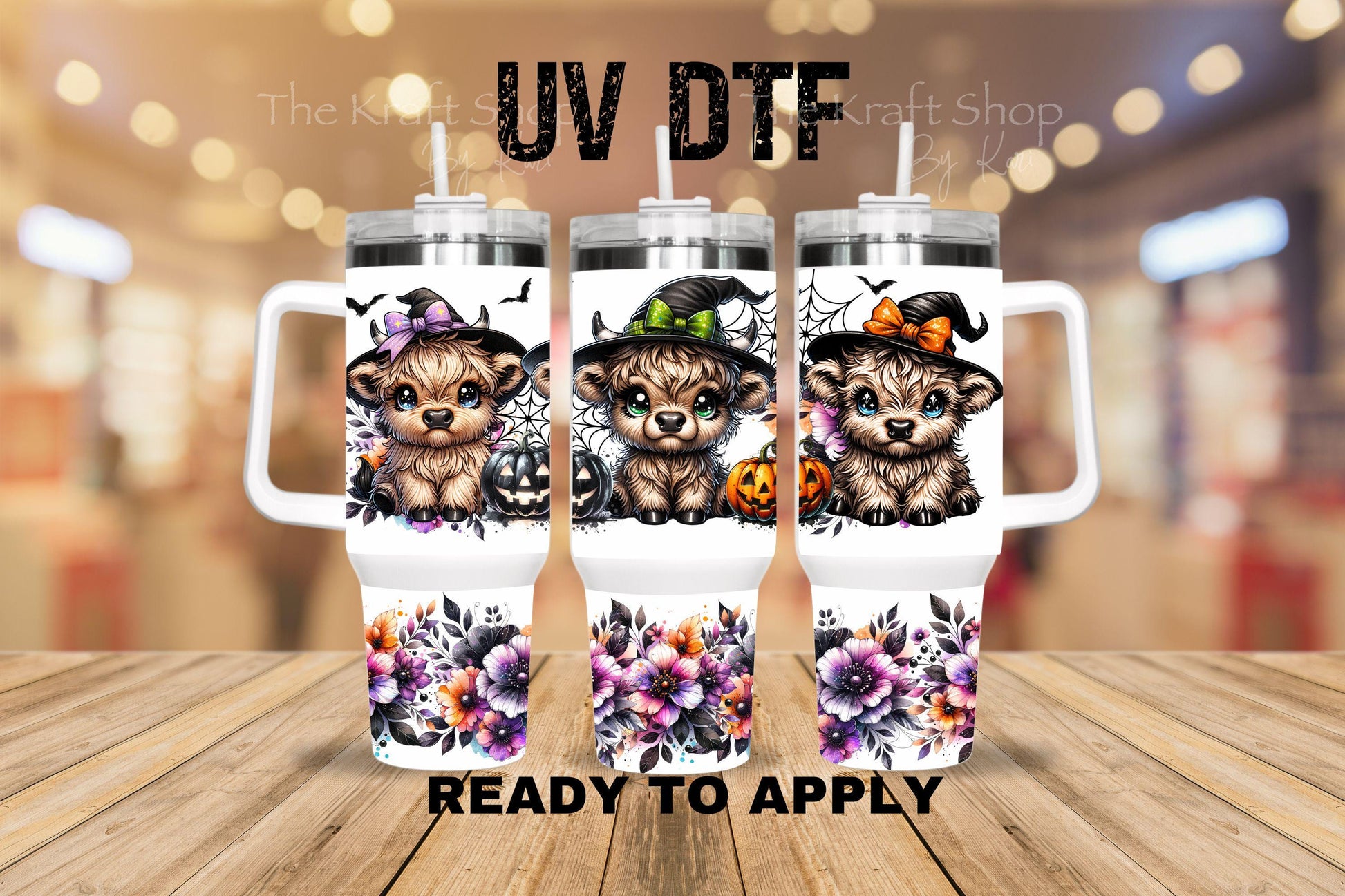 UV DTF 40 oz ready to apply Halloween highland cows spooky. Permanent sticker. UV wrap quencher #3168