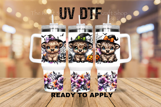 UV DTF 40 oz ready to apply Halloween highland cows spooky. Permanent sticker. UV wrap quencher #3168