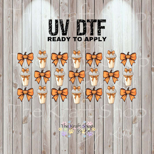 UV DTF Sticker print. Pumpkins bows and lattes element wrap decal, tumbler decal UV wrap for glass can tumbler#7358