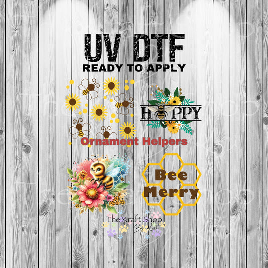 UV DTF Sticker print. Ornament Helpers Bee Set of 4 decals, tumbler decal. #7384