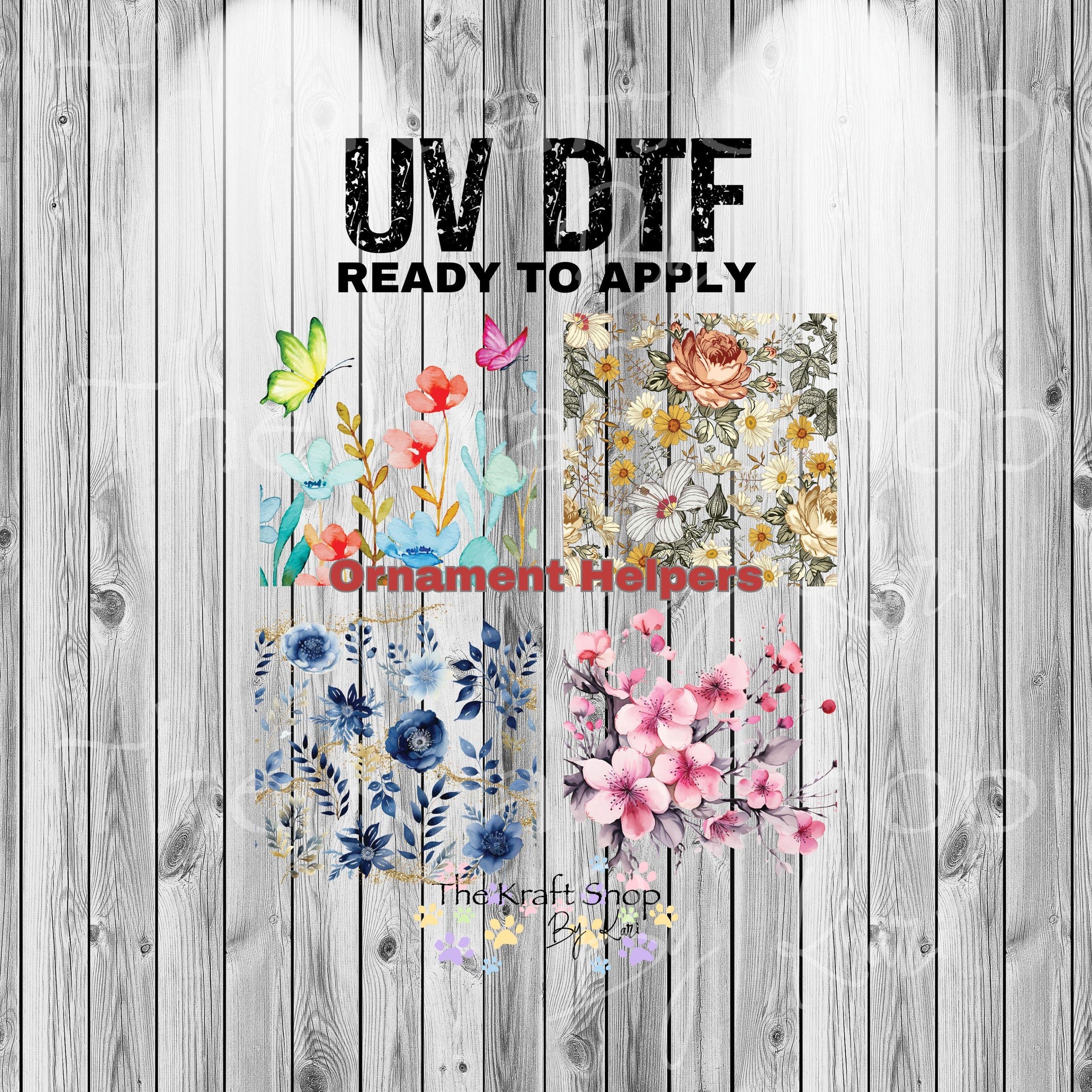 UV DTF Sticker print. Ornament Helpers Flower Set of 4 decals, tumbler decal. #7384