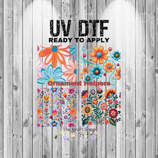 UV DTF Sticker print. Ornament Helpers Bright Flowers Set of 4 decals, tumbler decal. #7384
