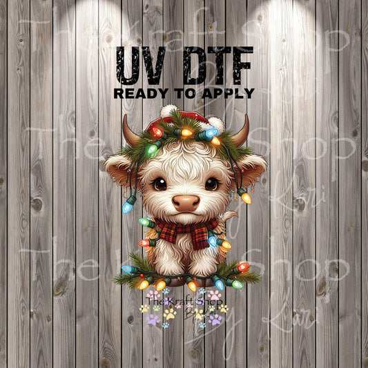 UV DTF Sticker print Christmas Highland Light Cow decal, tumbler decal, permanent sticker. Uv wrap for glass can tumbler. #7385