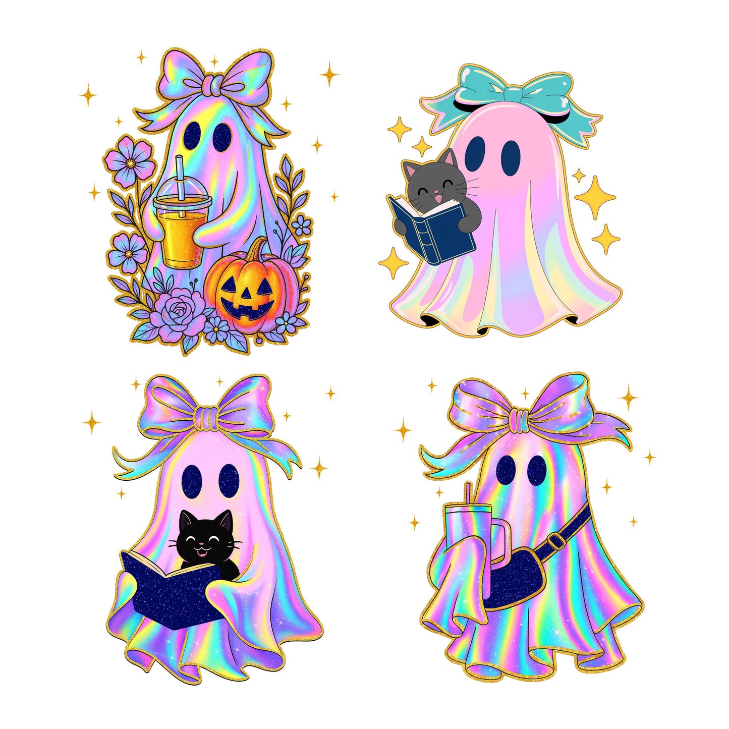 UV DTF Sticker prints. Iridescent 4 pk ghosts with cat Halloween bundle of 4 decals, permanent sticker.#7371