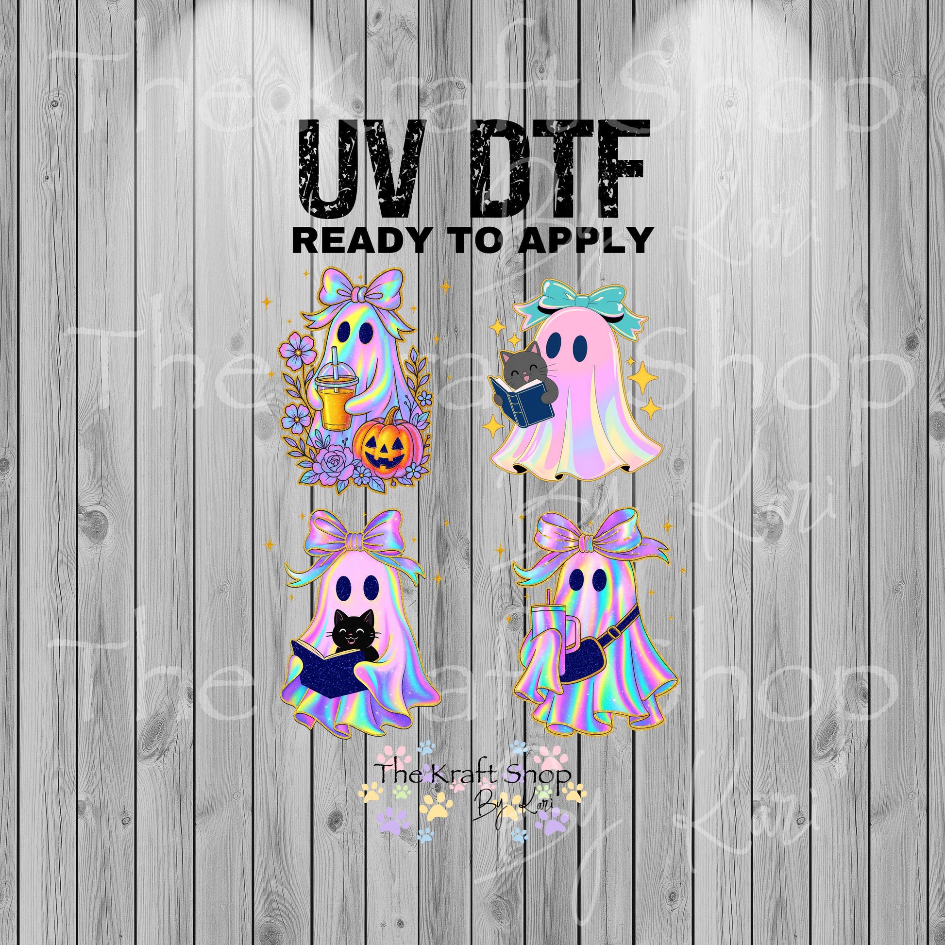 UV DTF Sticker prints. Iridescent 4 pk ghosts with cat Halloween bundle of 4 decals, permanent sticker.#7371