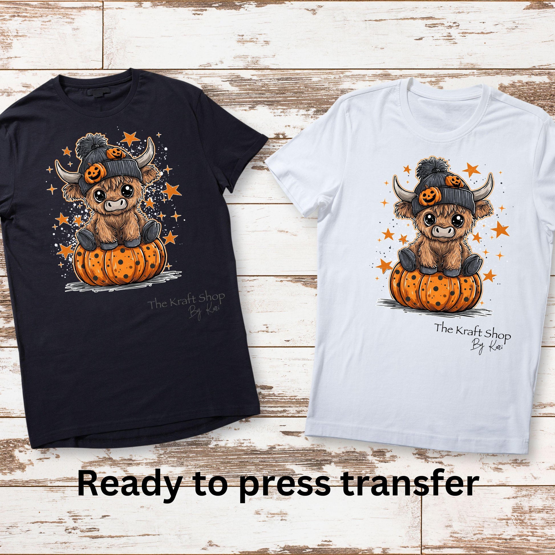 DTF ready to press transfer. Halloween Highland Cow in Pumpkin shirt image DTF Print #11514
