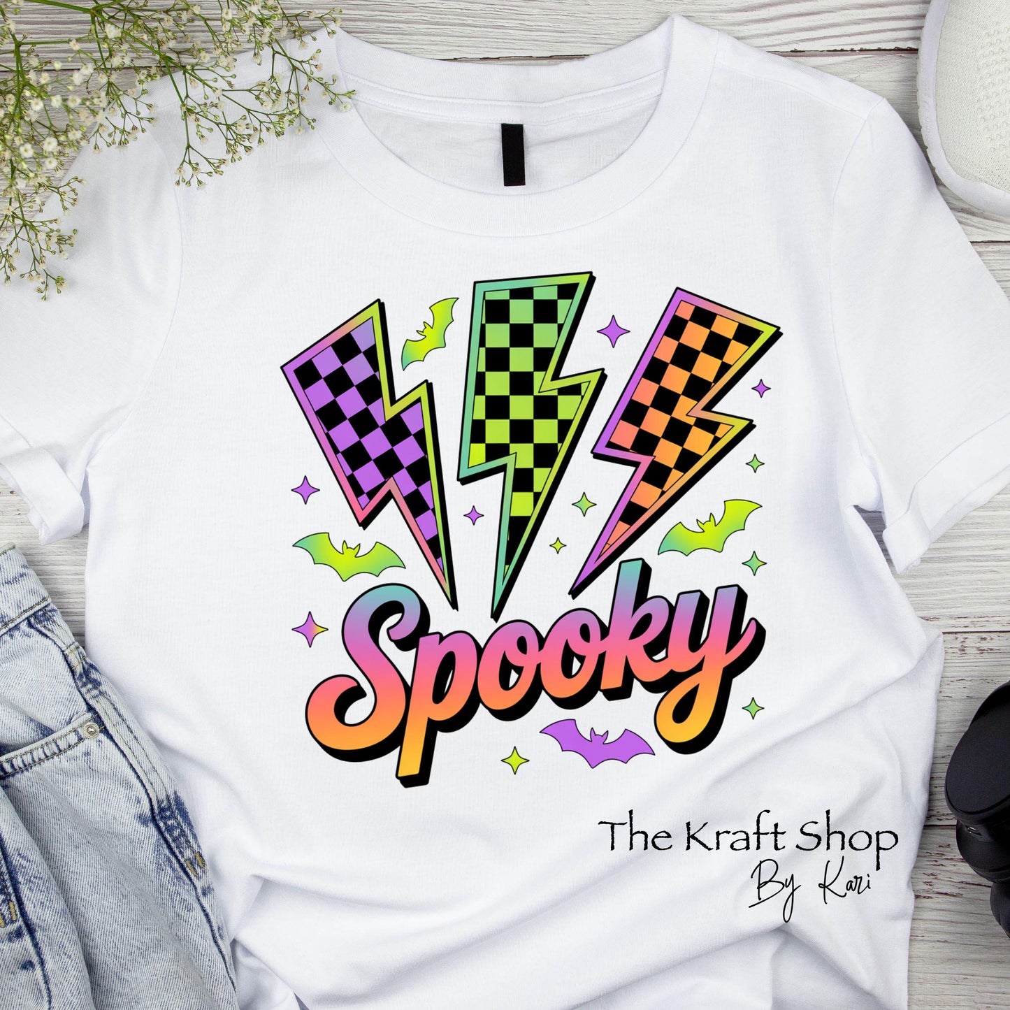 DTF ready to press transfer. Lightening bolt spooky neon colors Halloween shirt image DTF Print #11518