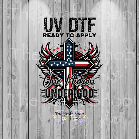 UV DTF Sticker print. One Nation Under God Flag with Cross and Wings Patriotic decal, tumbler decal, permanent sticker. #4560