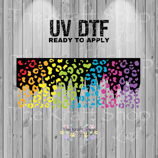 UV DTF Sticker print. Black Drip rainbow leopard wrap tumbler decal. #5416