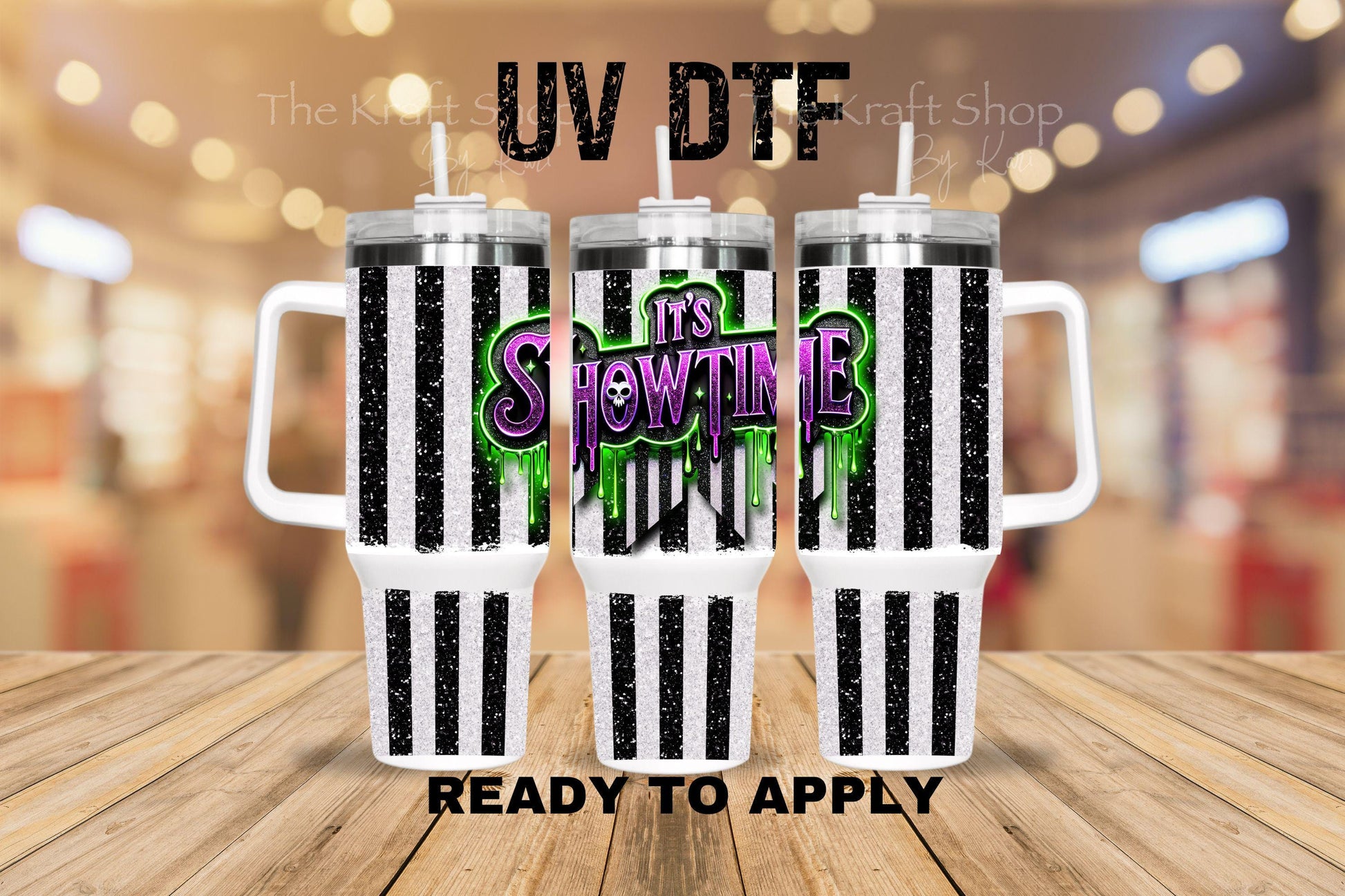 UV DTF 40 oz ready to apply It's showtime Halloween spooky. Permanent sticker. UV wrap quencher #3164