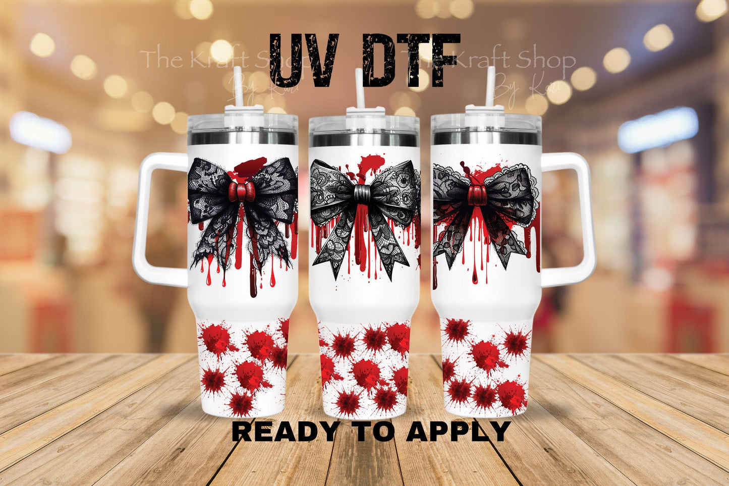 UV DTF 40 oz ready to apply Black Bows Blood drip with lace Halloween spooky. Permanent sticker. UV wrap quencher #3166