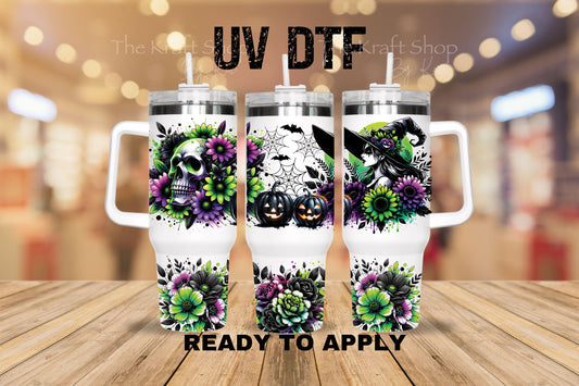 UV DTF 40 oz ready to apply Witch Skull Halloween spooky. Permanent sticker. UV wrap quencher #3167
