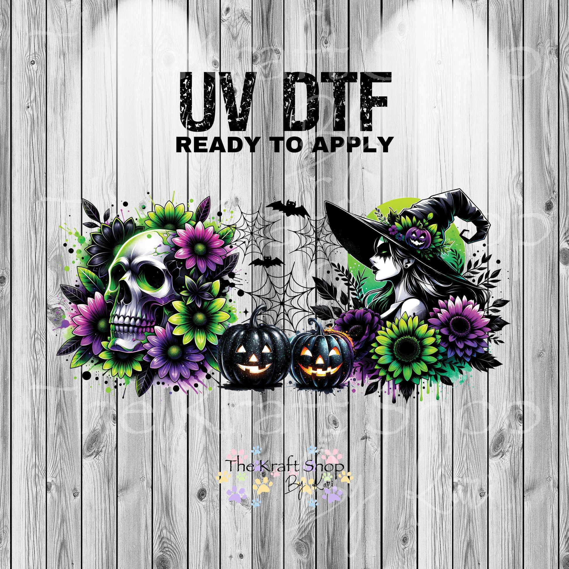 UV DTF Sticker print Witch skull Halloween spooky wrap decal, tumbler decal. UV wrap for glass can #5382