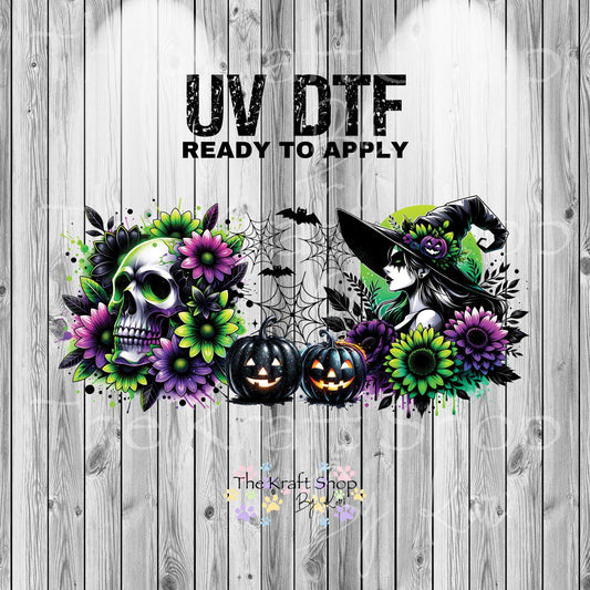 UV DTF Sticker print Witch skull Halloween spooky wrap decal, tumbler decal. UV wrap for glass can #7382