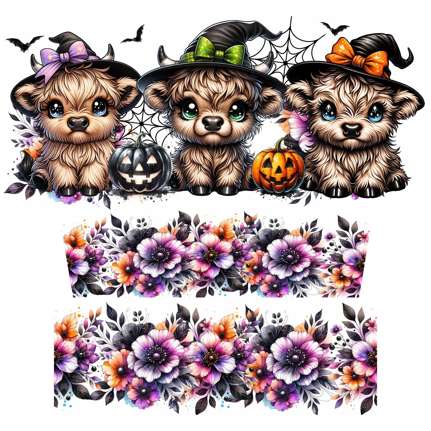 UV DTF 40 oz ready to apply Halloween highland cows spooky. Permanent sticker. UV wrap quencher #3168