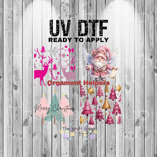 UV DTF Sticker print. Ornament Helpers Pink Christmas Set of 4 decals, tumbler decal. #7384