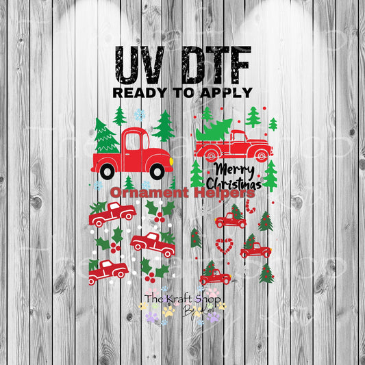 UV DTF Sticker print. Ornament Helpers Red Truck Set of 4 decals, tumbler decal. #7384