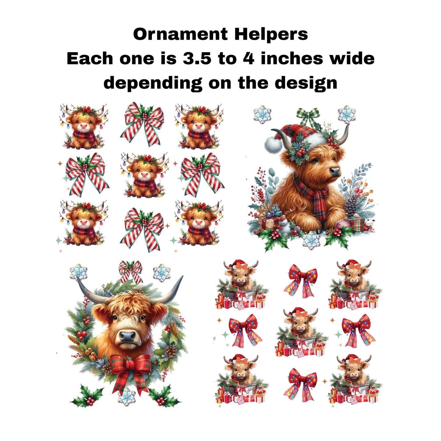 UV DTF Sticker print. Ornament Helpers Highland Cow Set of 4 decals, tumbler decal. #7384