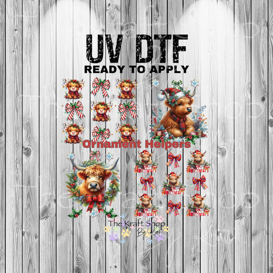 UV DTF Sticker print. Ornament Helpers Highland Cow Set of 4 decals, tumbler decal. #7384