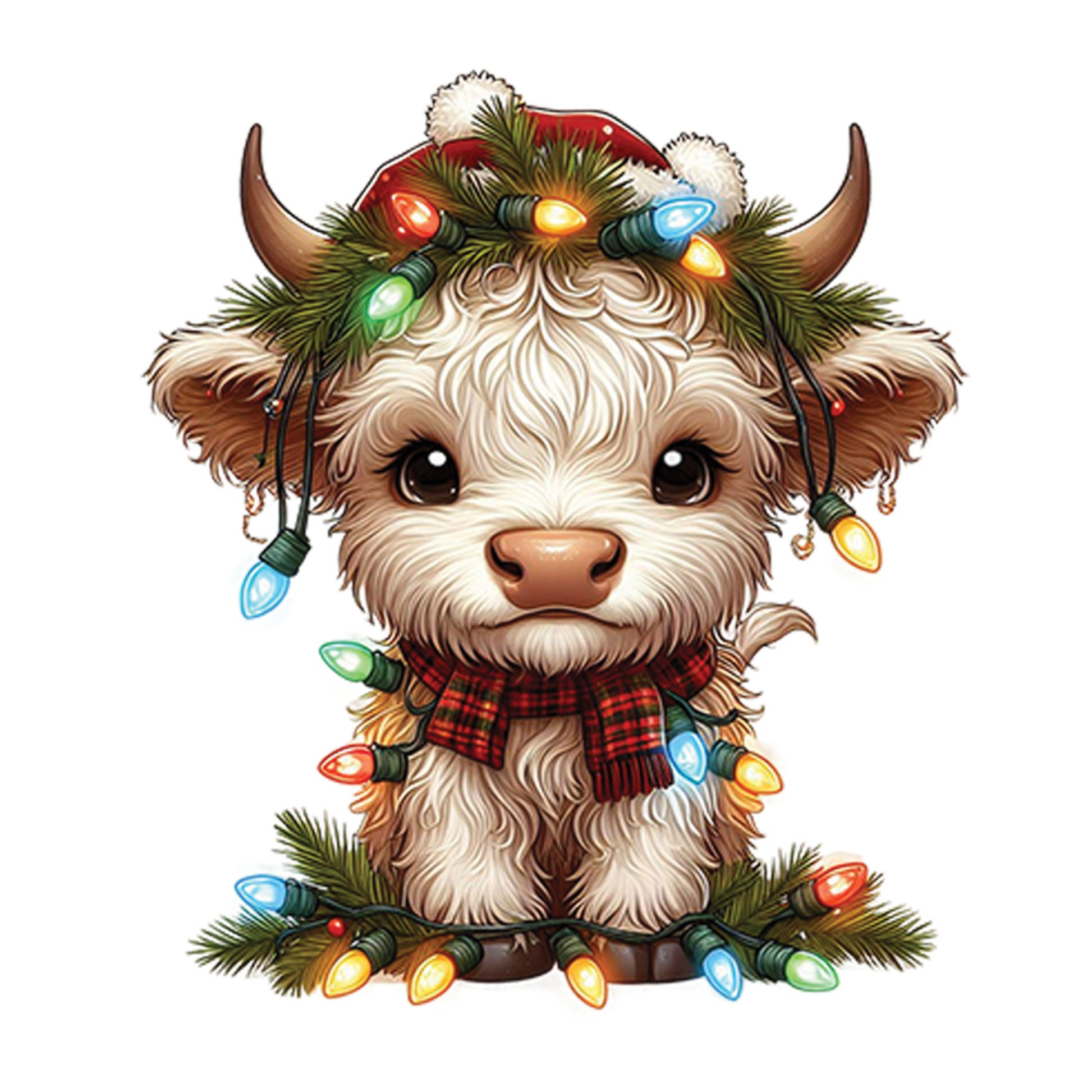 UV DTF Sticker print Christmas Highland Light Cow decal, tumbler decal, permanent sticker. Uv wrap for glass can tumbler. #7385