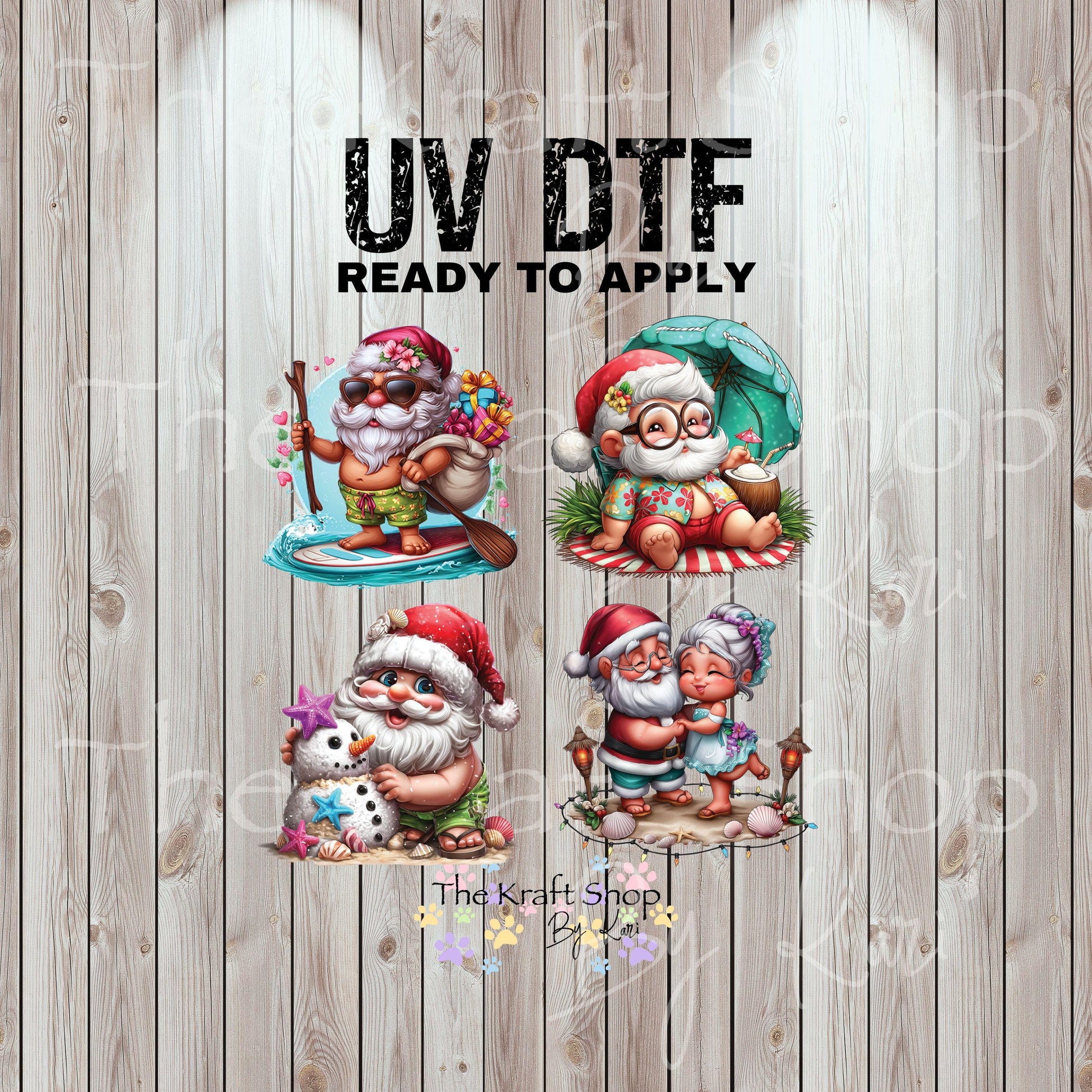 UV DTF Sticker prints. Beach Santa Christmas in July bundle of decals, permanent sticker. UV wrap for glass can tumbler. #7412