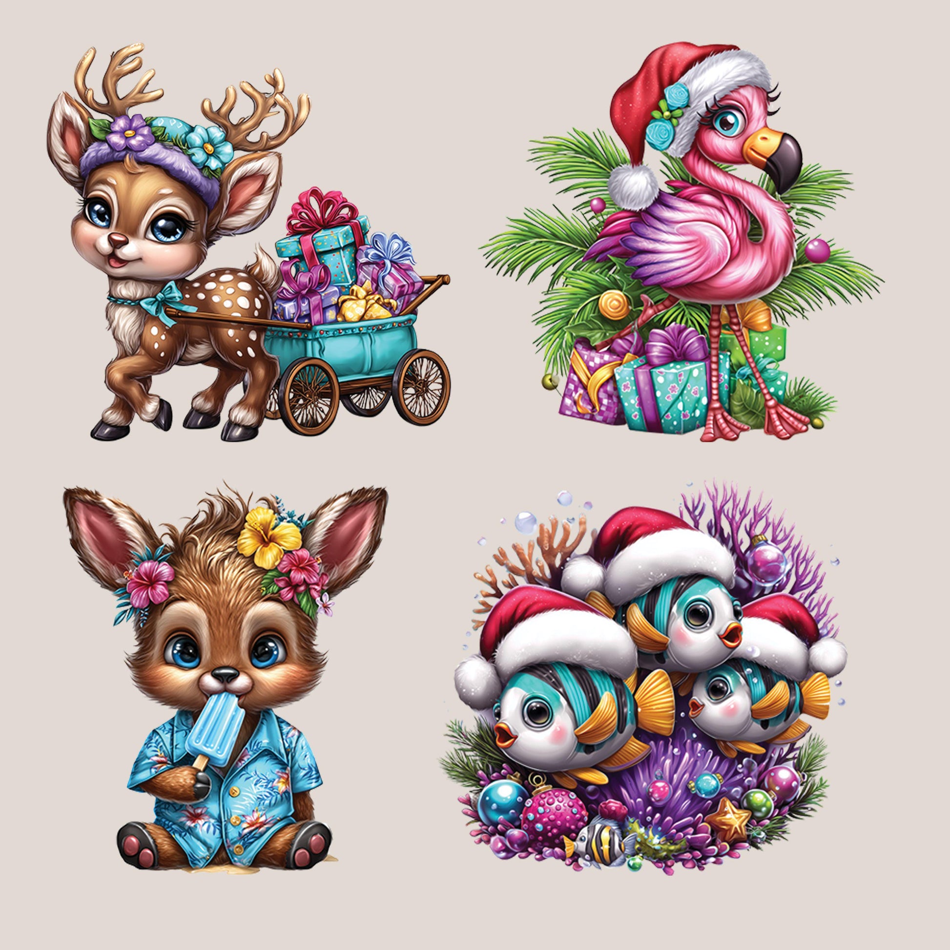UV DTF Sticker prints. Beach Christmas Animals Christmas in July bundle of decals, permanent sticker. UV wrap for glass can tumbler. #7413