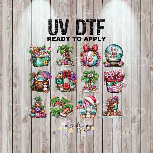 UV DTF Sticker prints. Beach Christmas Elements Christmas in July bundle of decals, permanent sticker. UV wrap for glass can tumbler. #7414