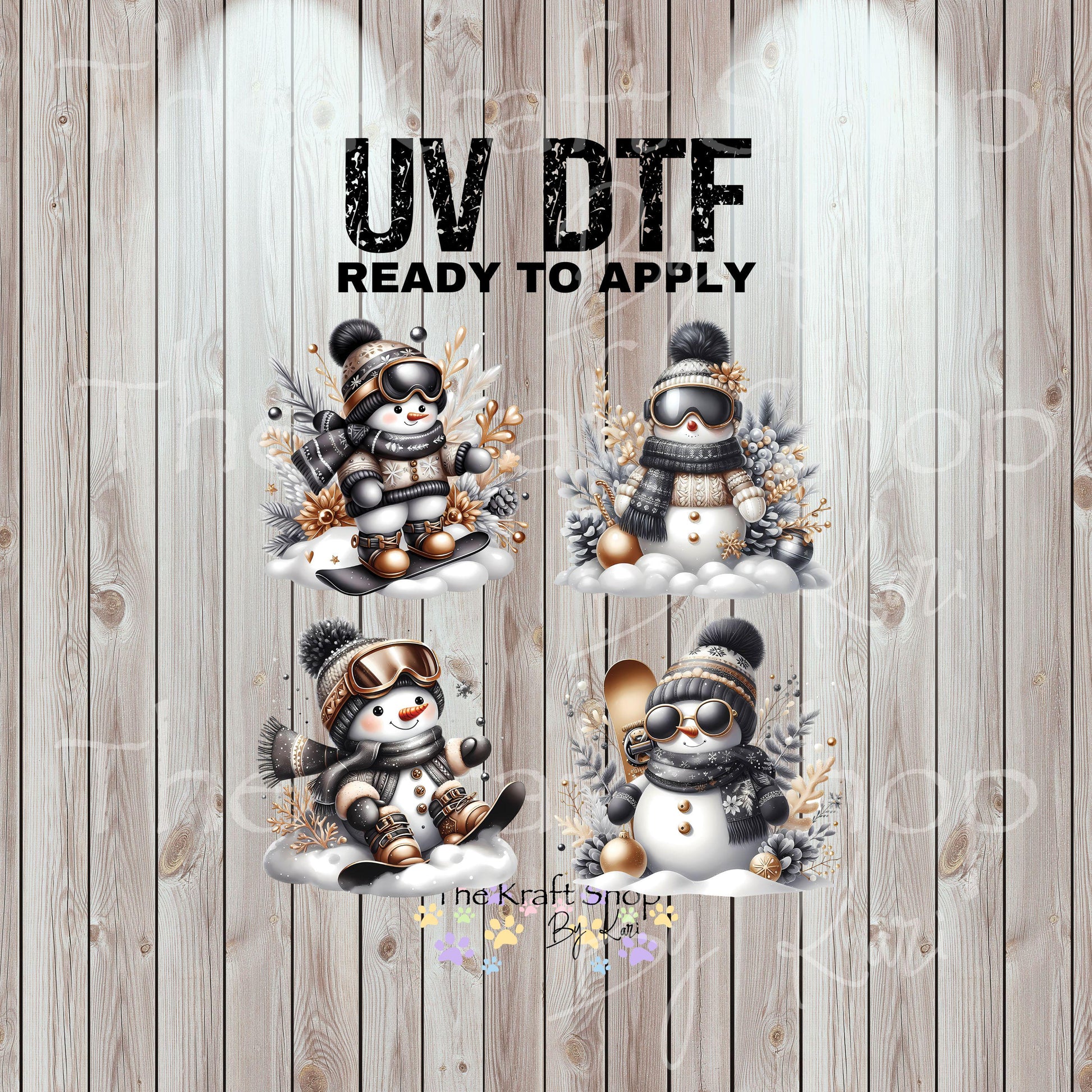 UV DTF Sticker pri9ts. Black gold snowman of 4 Christmas in July bundle of decals, permanent sticker #7419