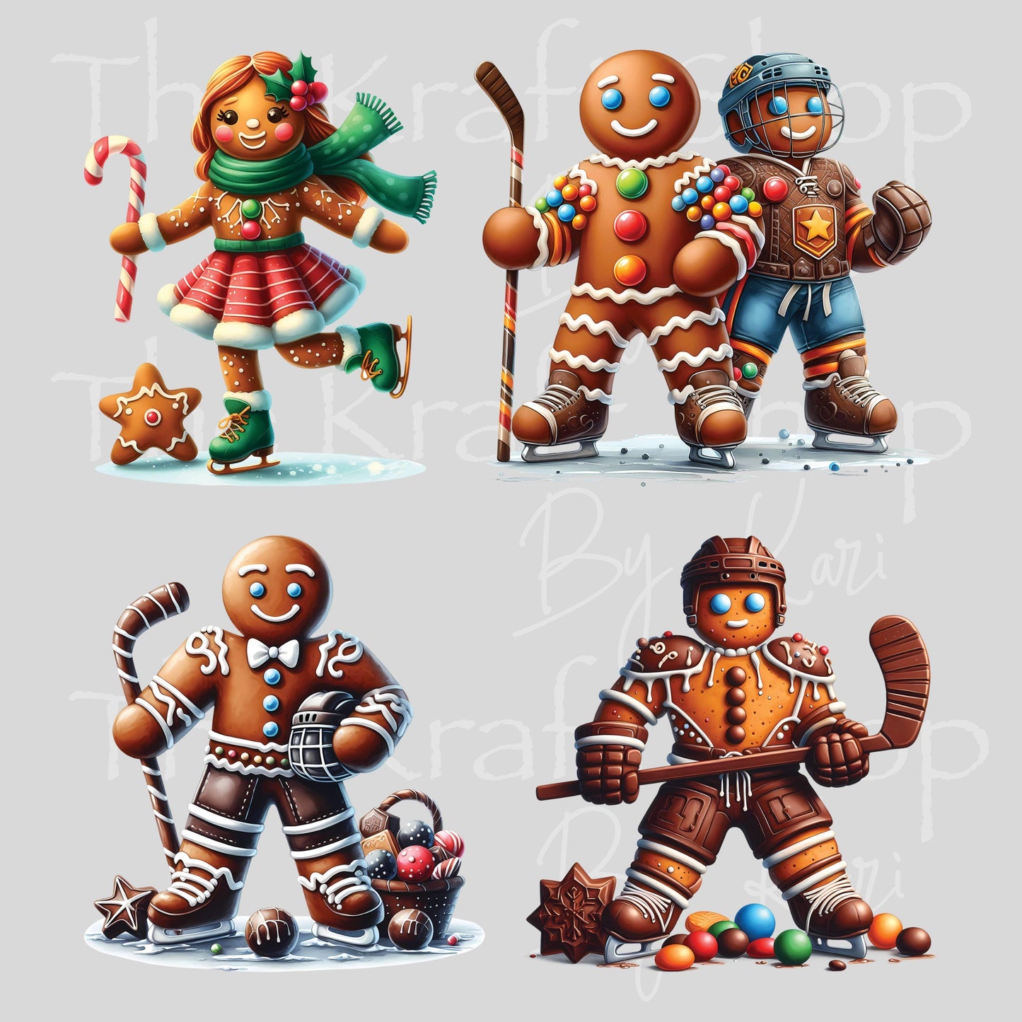 UV DTF Sticker prints. Gingerbread hockey players bundle of 4 Christmas in July bundle of decals, permanent sticker #7420