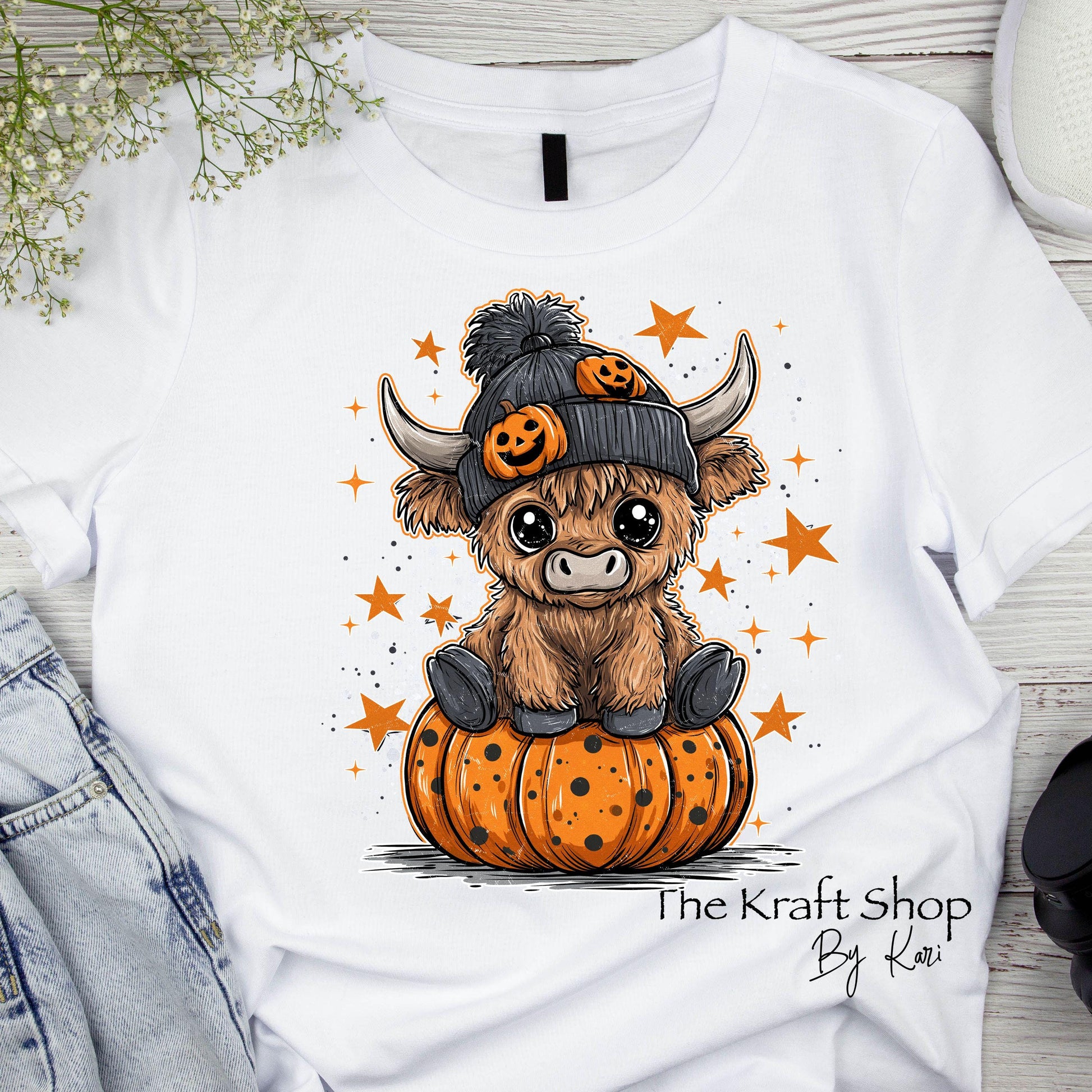 DTF ready to press transfer. Halloween Highland Cow in Pumpkin shirt image DTF Print #11514