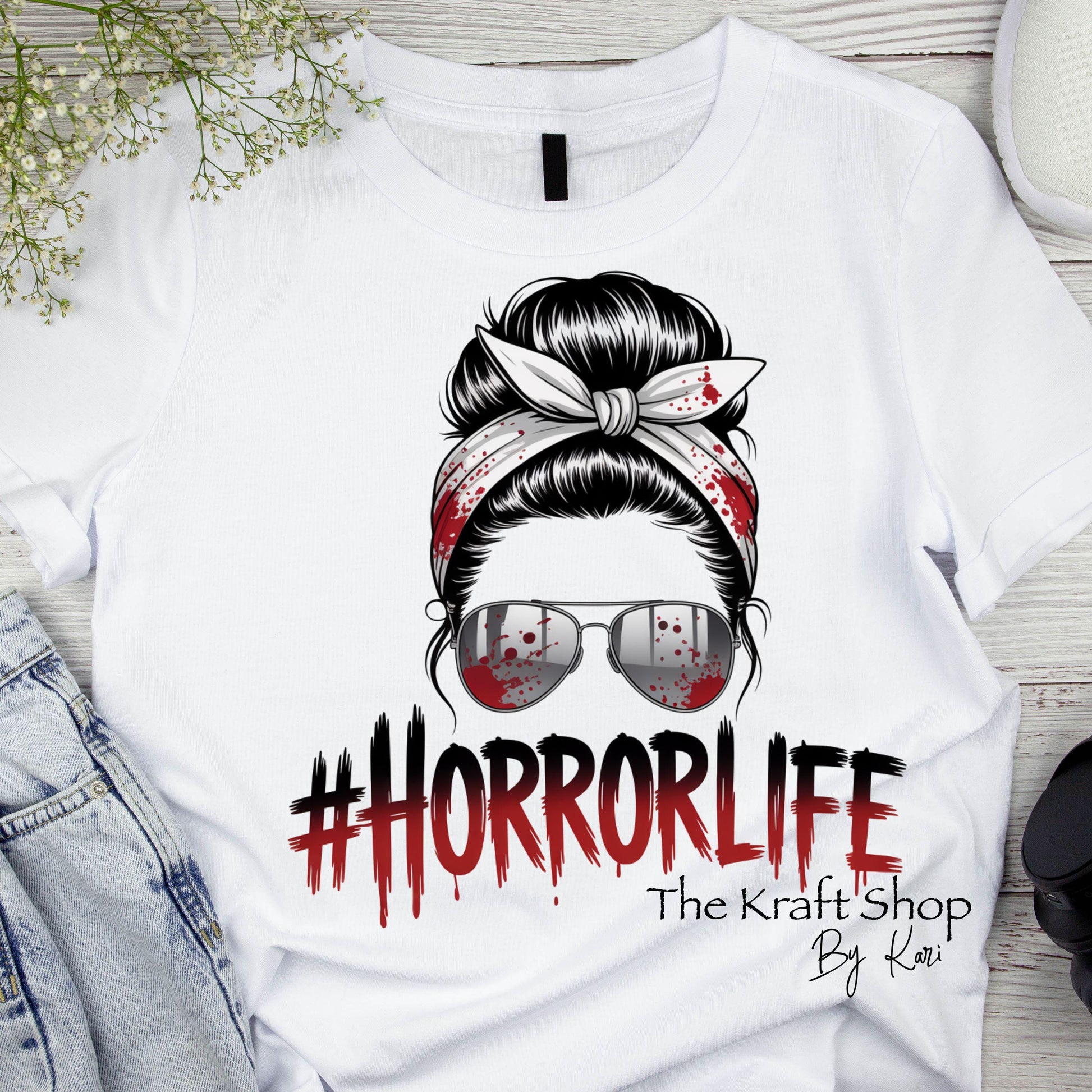 DTF ready to press transfer. Horror life messy bun Halloween True Crime shirt image DTF Print #11515