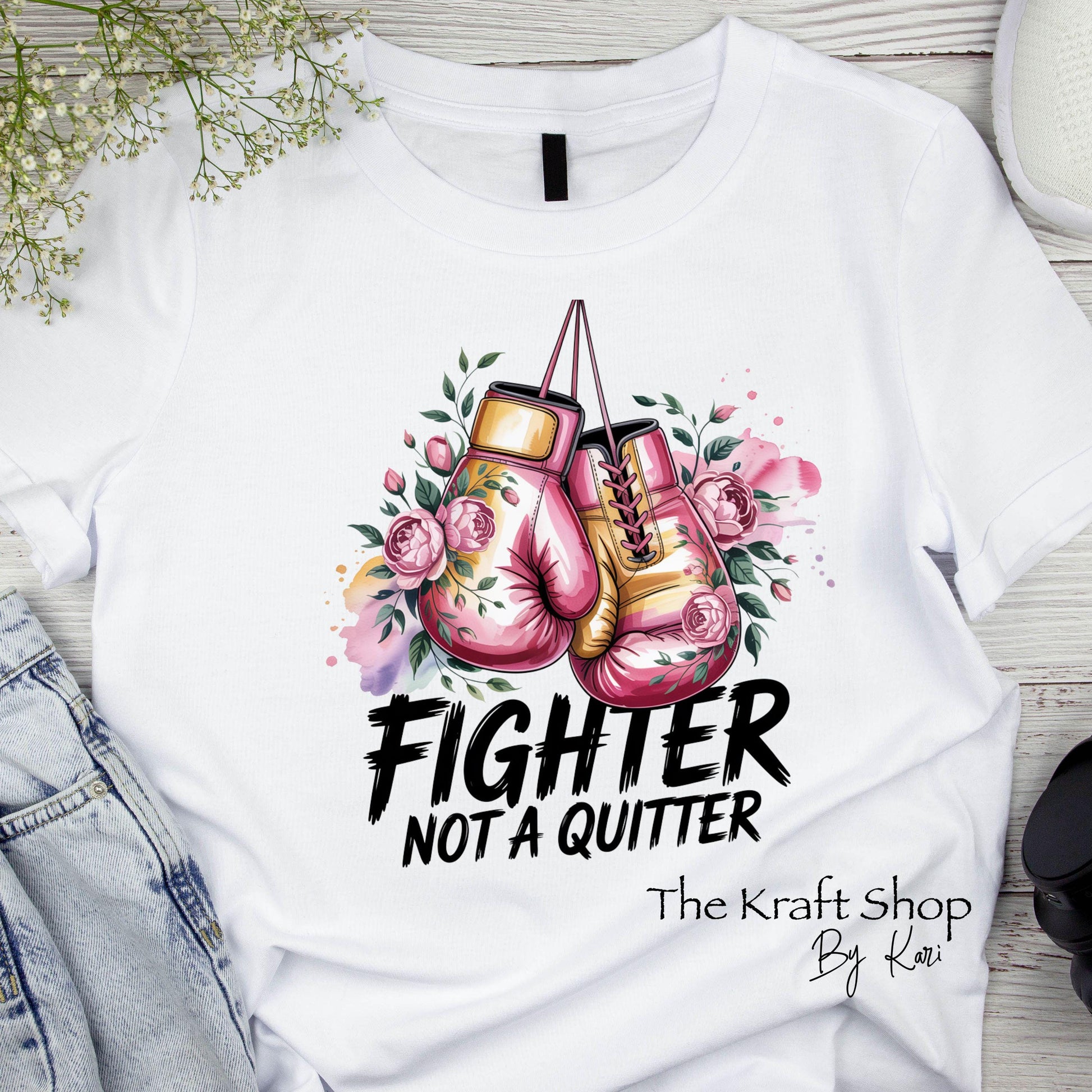 DTF ready to press transfer. Fighter Not a Quitter Breast Cancer Boxing Gloves shirt image DTF Print #11516