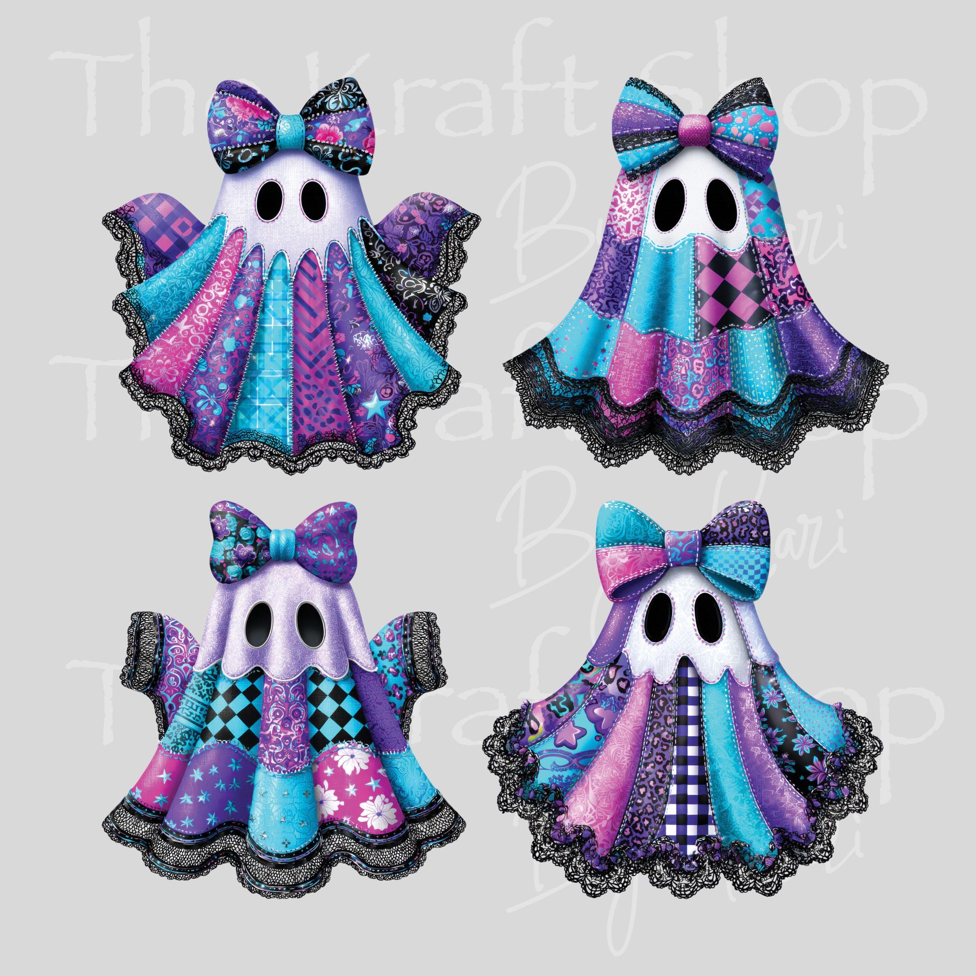 UV DTF Sticker prints. Lace Patchwork Ghost 4 pk Halloween bundle of 4 decals, permanent sticker.#7428