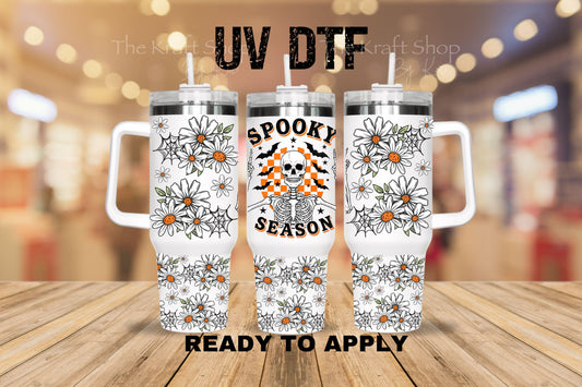 UV DTF 40 oz ready to apply Spooky Season Skeleton with Daisy Retro Halloween. Permanent sticker. UV wrap quencher #3170