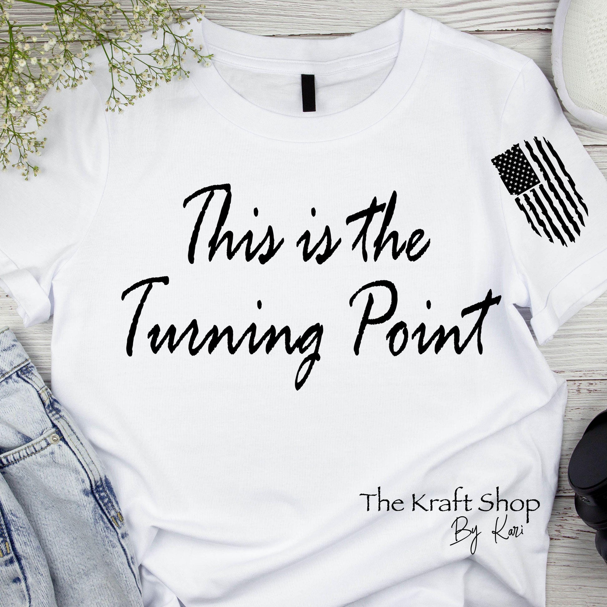 DTF ready to press transfer. This is the turning point with vertical tattered flag shirt transfer #11543