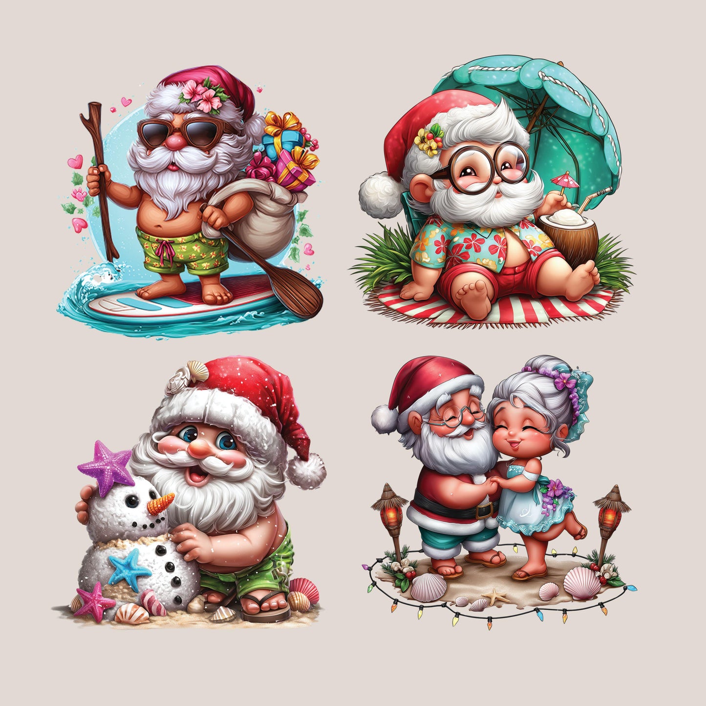 UV DTF Sticker prints. Beach Santa Christmas in July bundle of decals, permanent sticker. UV wrap for glass can tumbler. #7412