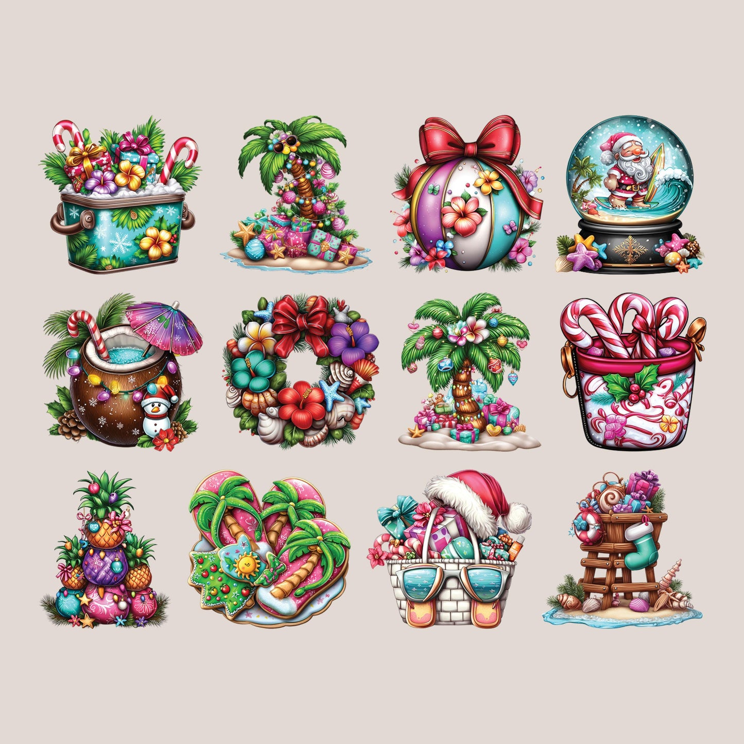 UV DTF Sticker prints. Beach Christmas Elements Christmas in July bundle of decals, permanent sticker. UV wrap for glass can tumbler. #7414