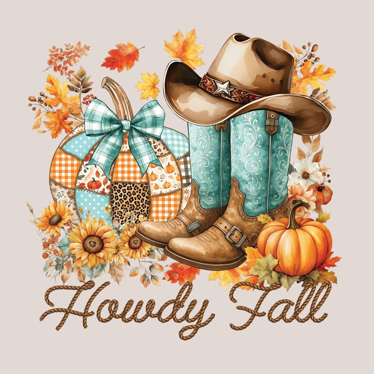 UV DTF Sticker prints. Howdy Fall with patchwork pumpkin and teal cowgirl boots decal, permanent sticker. UV wrap for tumbler. #7416