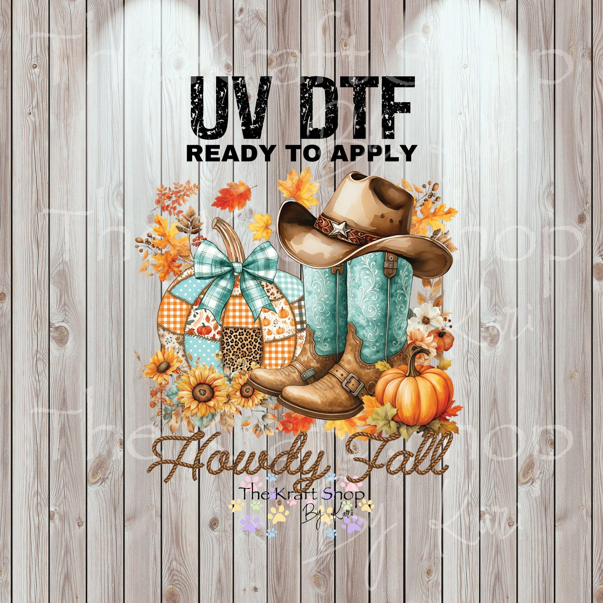 UV DTF Sticker prints. Howdy Fall with patchwork pumpkin and teal cowgirl boots decal, permanent sticker. UV wrap for tumbler. #7416