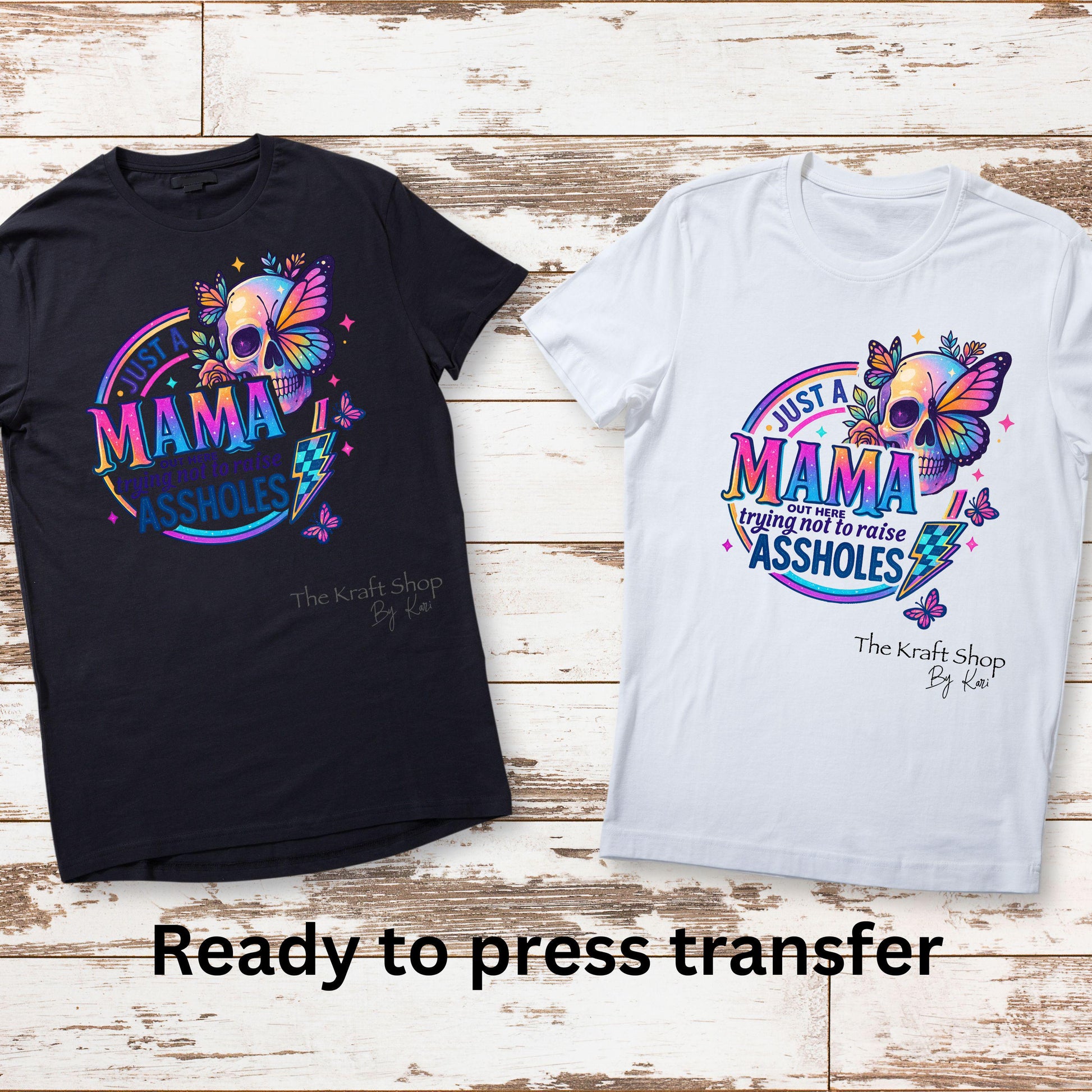 DTF ready to press transfer. Just a Mama Skull trying not to raise assholes skull retro neon colors #11532