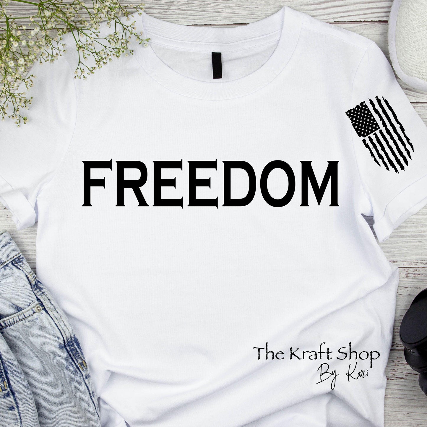 DTF ready to press transfer. Freedom with vertical tattered flag shirt transfer #11545
