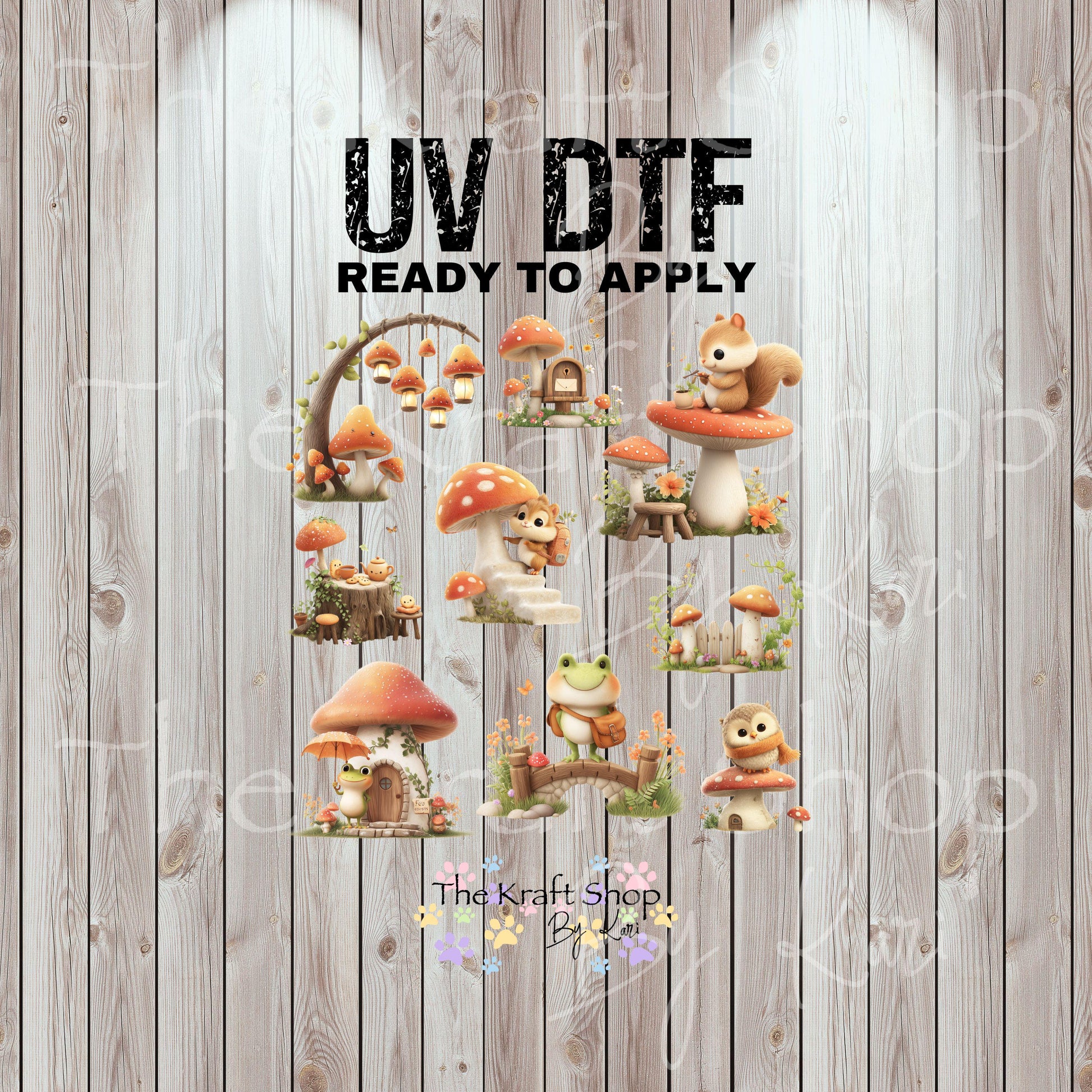 UV DTF Sticker print Baby squirrel and mushrooms Element sheet 8x8 decal, tumbler decal, permanent sticker. #10334