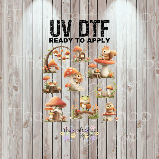UV DTF Sticker print Baby squirrel and mushrooms Element sheet 8x8 decal, tumbler decal, permanent sticker. #10334
