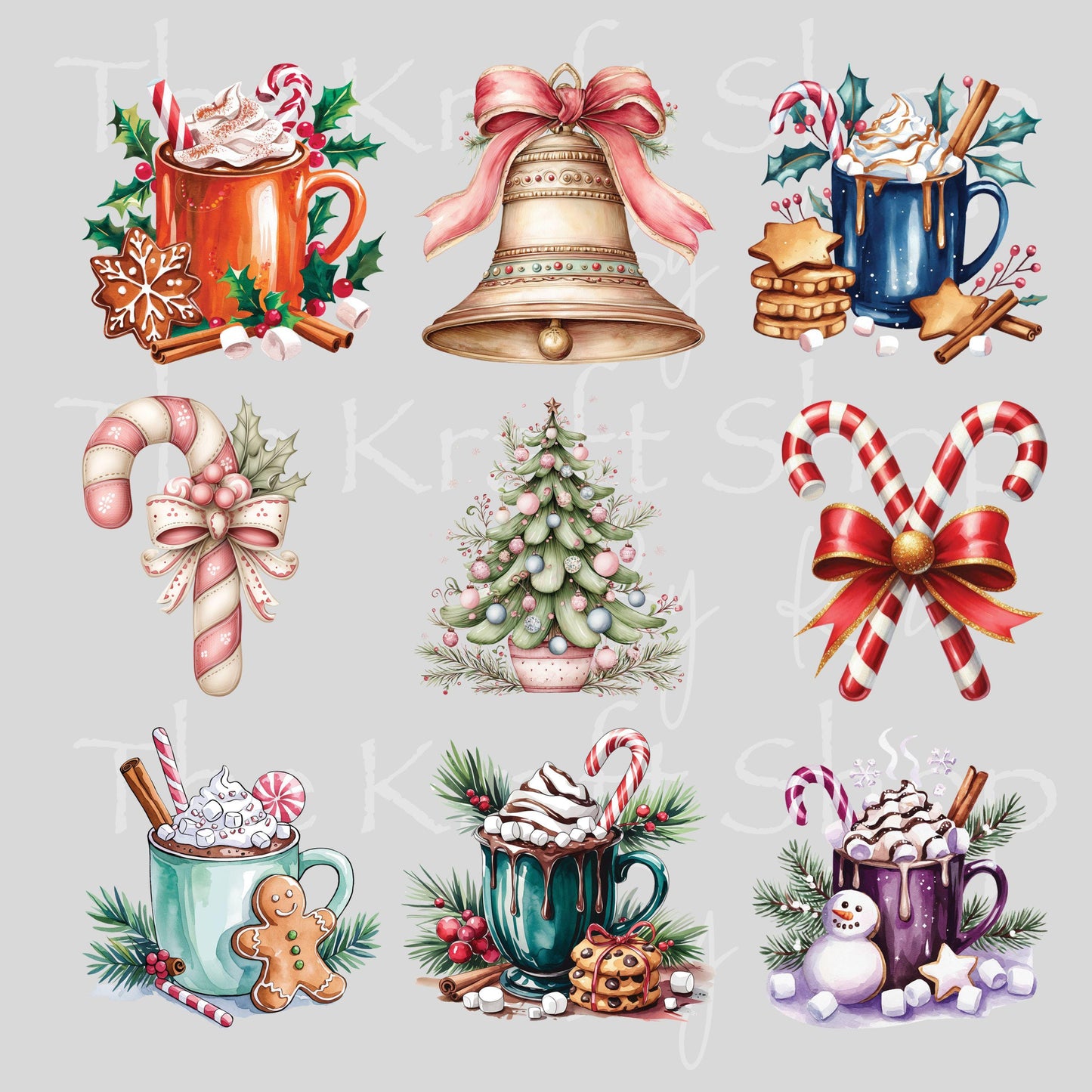 UV DTF Sticker print Christmas mugs and candy cane Element sheet 8x8 decal, tumbler decal, permanent sticker. #7438