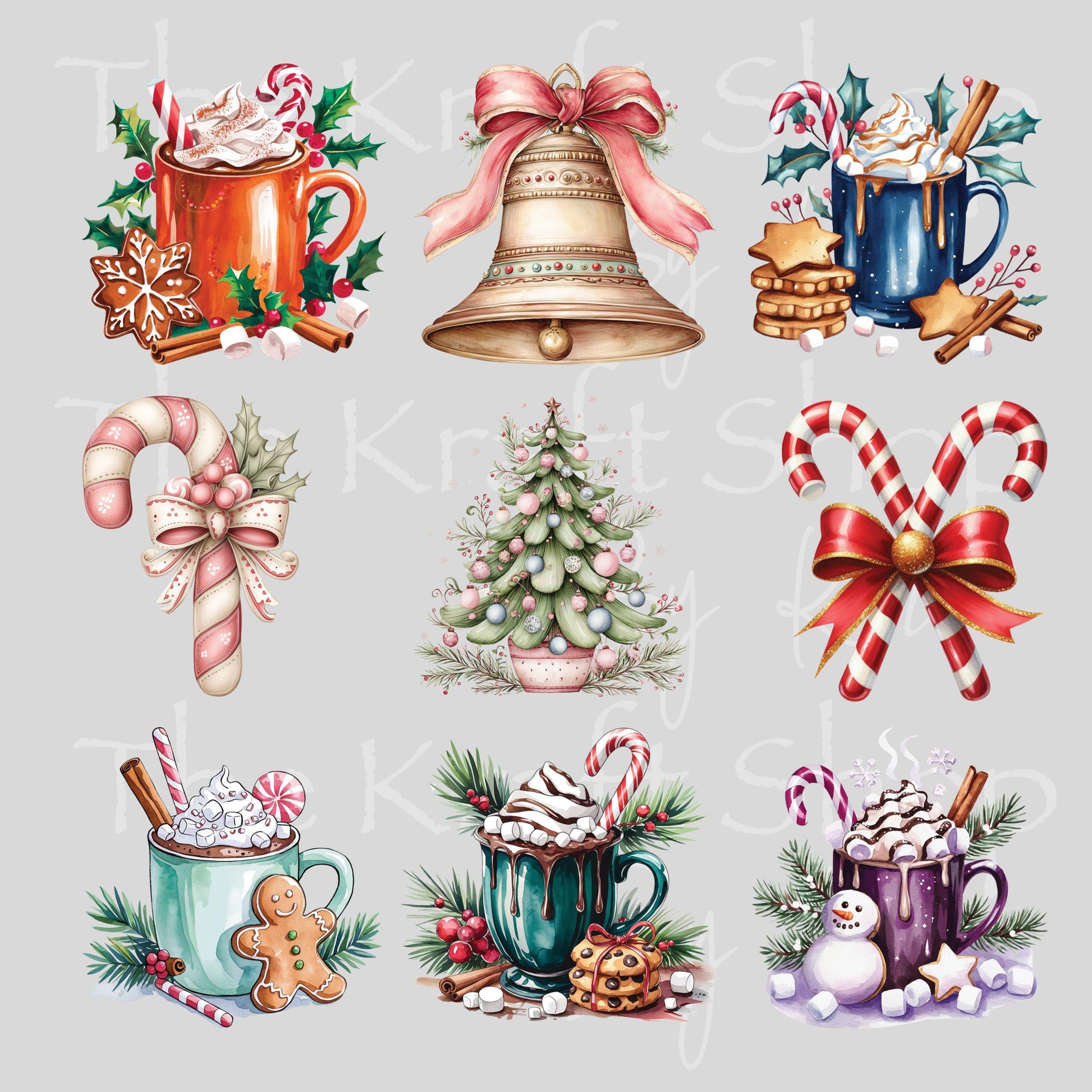 UV DTF Sticker print Christmas mugs and candy cane Element sheet 8x8 decal, tumbler decal, permanent sticker. #7438